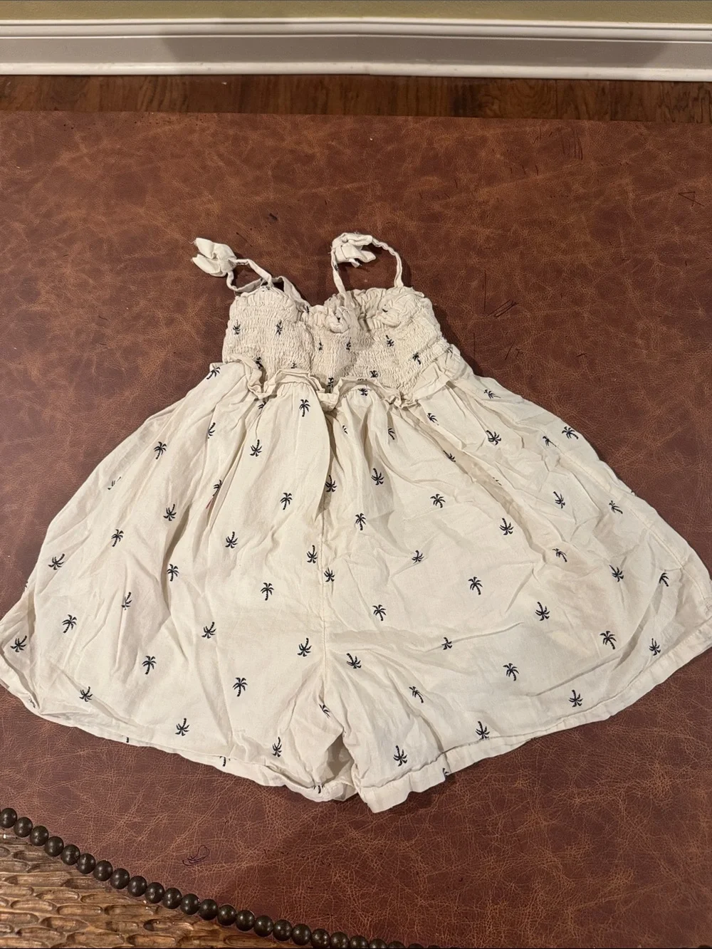 GAP Cream Romper with Navy Palm Embroidery